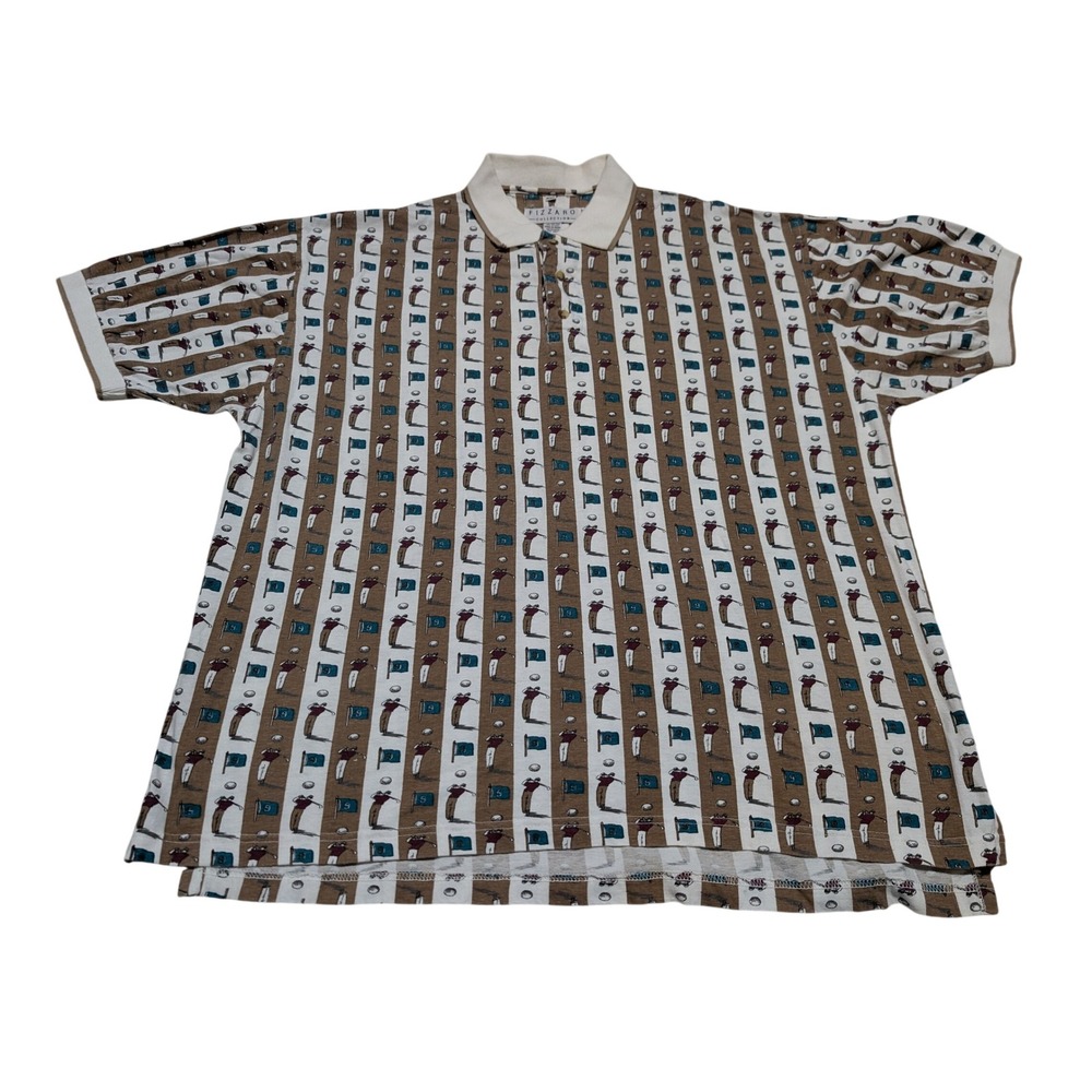 Fizzaro Collection Polo Shirt Mens XXL Tan Golf Novelty Print Vintage 90s Cotton